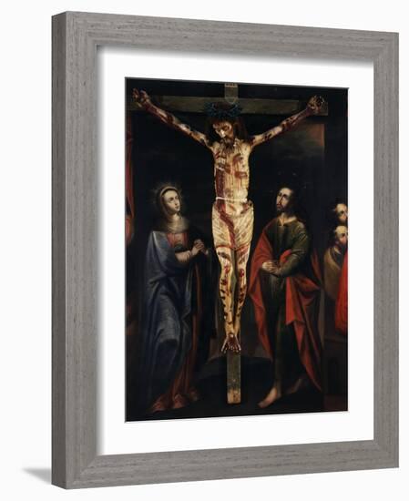 Christ on the Cross with Virgin Mary and Saint John painted, 17th century Cuzco school, Peru-null-Framed Photographic Print