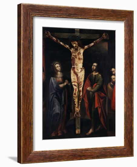 Christ on the Cross with Virgin Mary and Saint John painted, 17th century Cuzco school, Peru-null-Framed Photographic Print