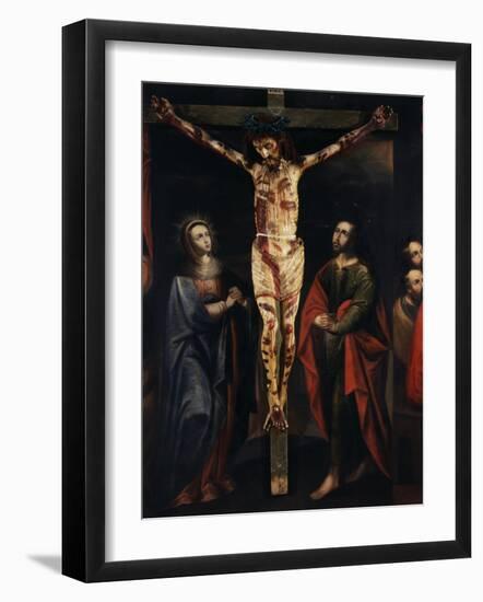 Christ on the Cross with Virgin Mary and Saint John painted, 17th century Cuzco school, Peru-null-Framed Photographic Print