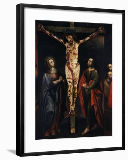 Christ on the Cross with Virgin Mary and Saint John painted, 17th century Cuzco school, Peru-null-Framed Photographic Print