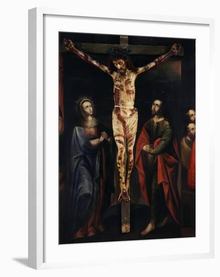 Christ on the Cross with Virgin Mary and Saint John painted, 17th century Cuzco school, Peru-null-Framed Photographic Print