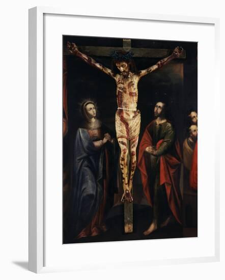 Christ on the Cross with Virgin Mary and Saint John painted, 17th century Cuzco school, Peru-null-Framed Photographic Print