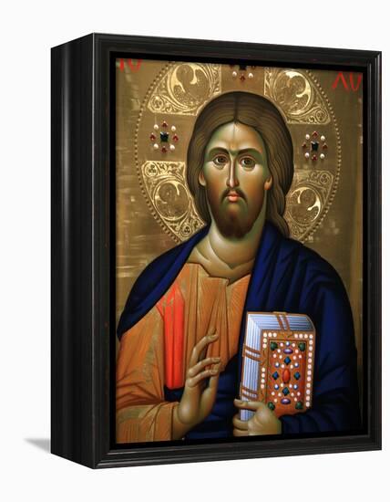 Christ Pantocrator Icon at Aghiou Pavlou Monastery on MountAthos-Julian Kumar-Framed Premier Image Canvas