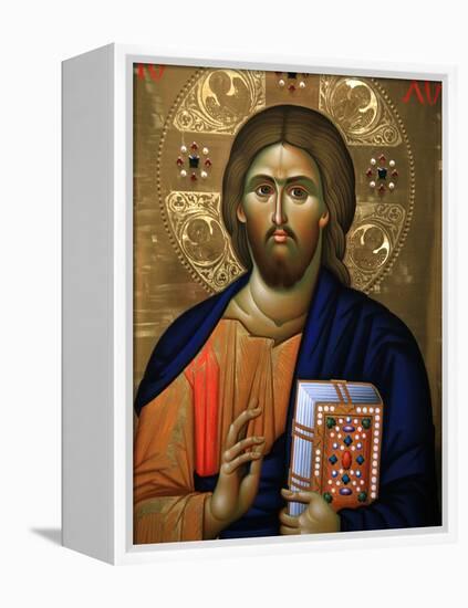 Christ Pantocrator Icon at Aghiou Pavlou Monastery on MountAthos-Julian Kumar-Framed Premier Image Canvas