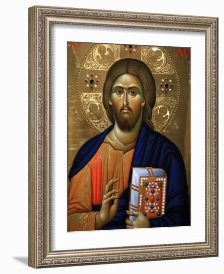 Christ Pantocrator Icon at Aghiou Pavlou Monastery on MountAthos-Julian Kumar-Framed Photographic Print