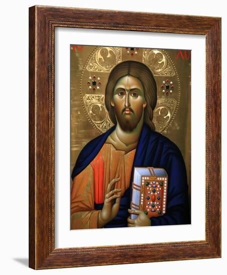 Christ Pantocrator Icon at Aghiou Pavlou Monastery on MountAthos-Julian Kumar-Framed Photographic Print