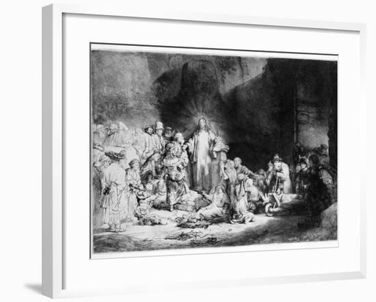 Christ Preaching in a Rocky Landscape, C.1645 (Etching)-Rembrandt van Rijn-Framed Giclee Print