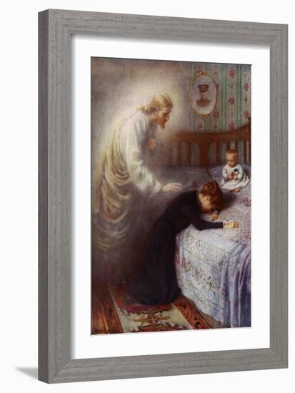 Christ the Comforter: Jesus Consoling a Grieving British War Widow (Colour Litho)-Harold Copping-Framed Giclee Print