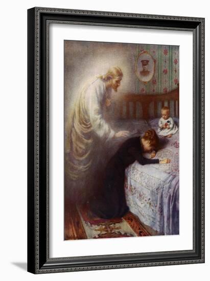 Christ the Comforter: Jesus Consoling a Grieving British War Widow (Colour Litho)-Harold Copping-Framed Giclee Print