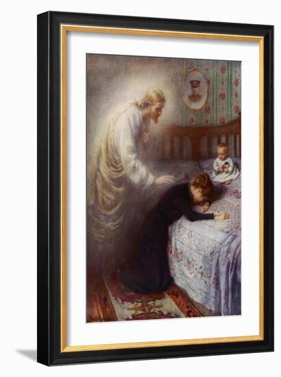 Christ the Comforter: Jesus Consoling a Grieving British War Widow (Colour Litho)-Harold Copping-Framed Giclee Print