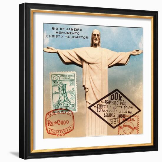 "Christ the Redeemer" Brazil Vintage Postcard Collage-Piddix-Framed Art Print