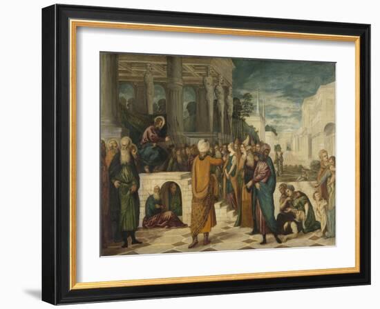 Christ with the Adulterous Woman-Jacopo Tintoretto-Framed Art Print