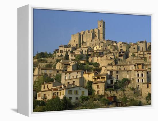 Christian Church on the Skyline and Houses in the Village of Eus, Languedoc Roussillon, France-Michael Busselle-Framed Premier Image Canvas