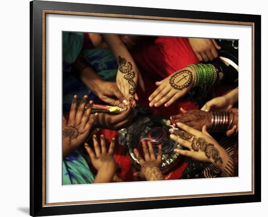 Christian Girls Paint their Hands with Henna Paste in Preperation for Easter Holiday in Pakistan-null-Framed Photographic Print