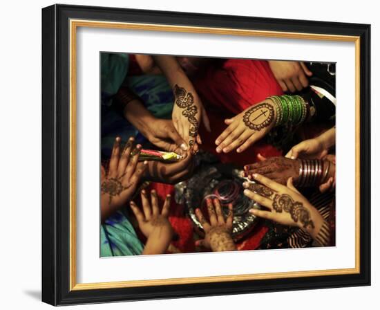 Christian Girls Paint their Hands with Henna Paste in Preperation for Easter Holiday in Pakistan-null-Framed Photographic Print