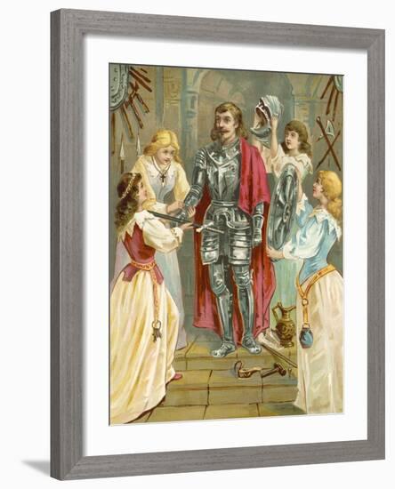 Christian in the Armoury Receiving His Weapons from Discretion, Piety, Charity and Prudence-English School-Framed Giclee Print