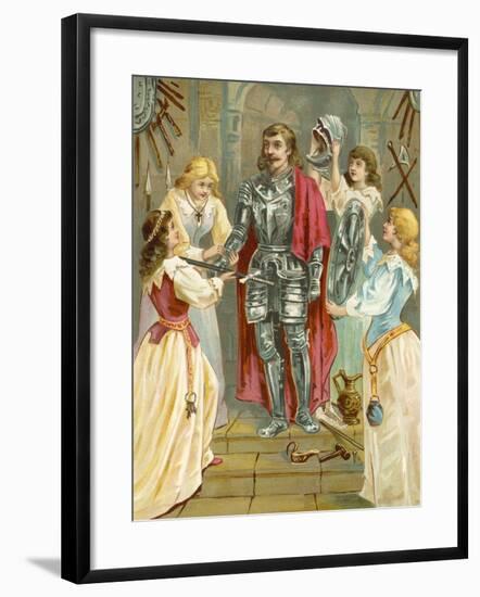 Christian in the Armoury Receiving His Weapons from Discretion, Piety, Charity and Prudence-English School-Framed Giclee Print