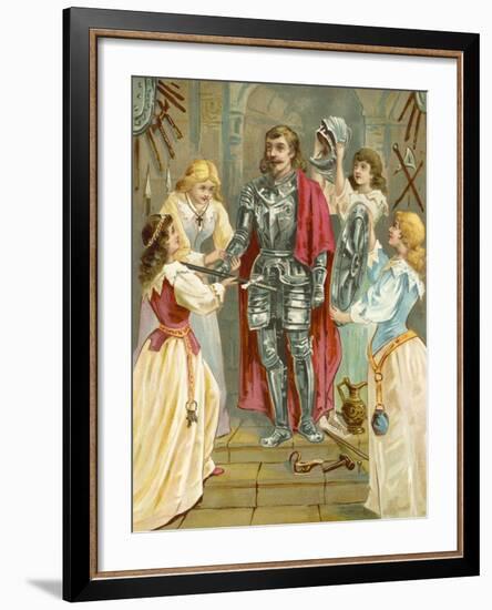 Christian in the Armoury Receiving His Weapons from Discretion, Piety, Charity and Prudence-English School-Framed Giclee Print