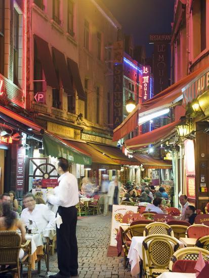 Outdoor Dining in Narrow Street of Restaurants, Brussels, Belgium