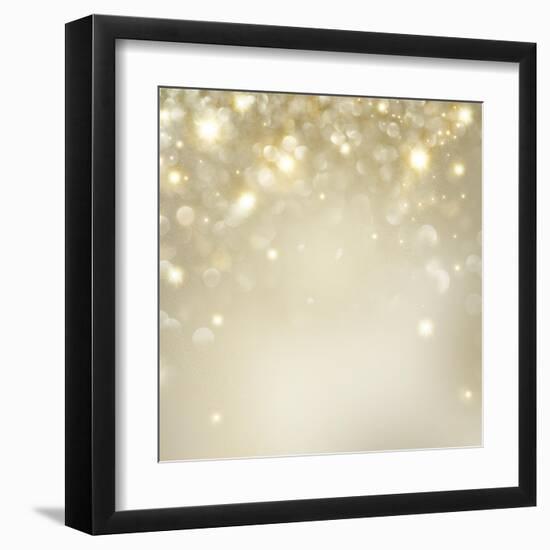 Christmas Background: Golden Holiday Abstract Glitter Defocused Background with Blinking Stars-Subbotina Anna-Framed Art Print