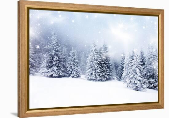 Christmas Background with Snowy Fir Trees-melis-Framed Stretched Canvas