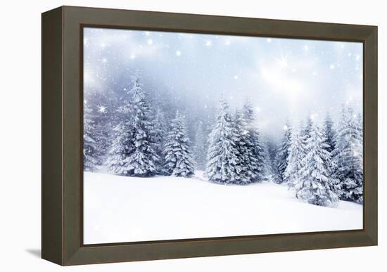 Christmas Background with Snowy Fir Trees-melis-Framed Stretched Canvas