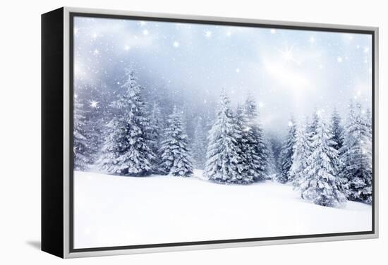 Christmas Background with Snowy Fir Trees-melis-Framed Stretched Canvas