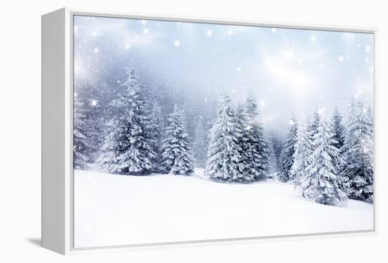 Christmas Background with Snowy Fir Trees-melis-Framed Stretched Canvas