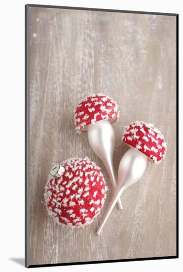 Christmas Balls, Red, Snow-Covered, Toadstools-Nikky Maier-Mounted Photographic Print