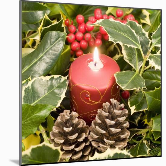 Christmas Candle and Holly Berries-null-Mounted Photographic Print