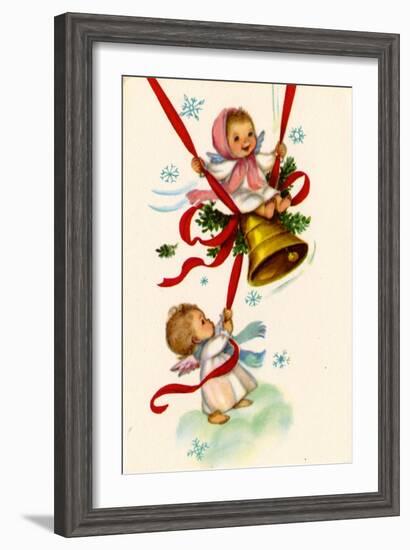 Christmas Card; Angels Ringing a Bell with a Girl Swinging, National Museum of American History-null-Framed Art Print