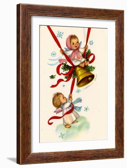 Christmas Card; Angels Ringing a Bell with a Girl Swinging, National Museum of American History-null-Framed Art Print