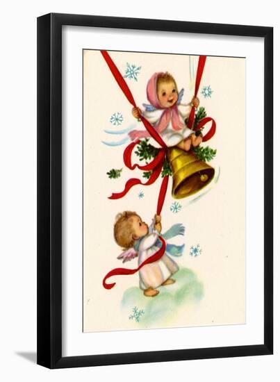 Christmas Card; Angels Ringing a Bell with a Girl Swinging, National Museum of American History-null-Framed Art Print