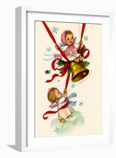 Christmas Card; Angels Ringing a Bell with a Girl Swinging, National Museum of American History-null-Framed Art Print