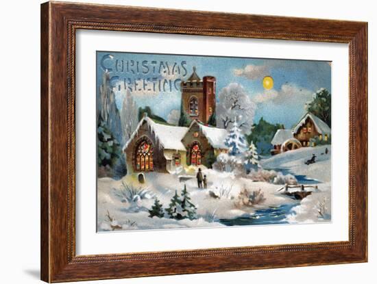 Christmas Card, Church in Winter Scene, Beatrice Litzinger Collection-null-Framed Art Print