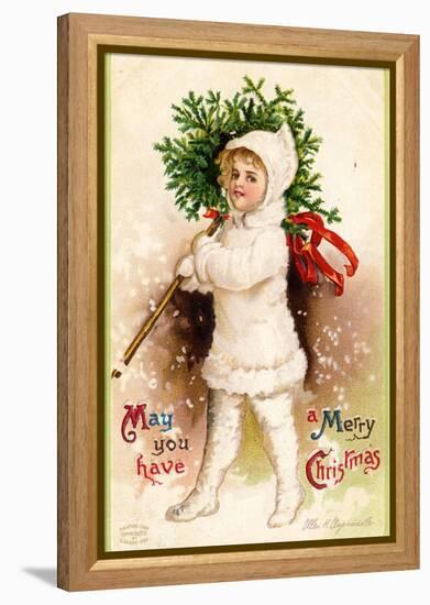 Christmas Card with Child Holding a Wreath, Beatrice Litzinger Collection-null-Framed Stretched Canvas