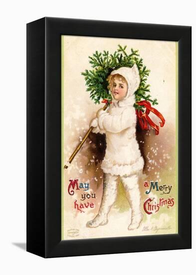 Christmas Card with Child Holding a Wreath, Beatrice Litzinger Collection-null-Framed Stretched Canvas