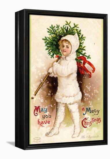 Christmas Card with Child Holding a Wreath, Beatrice Litzinger Collection-null-Framed Stretched Canvas