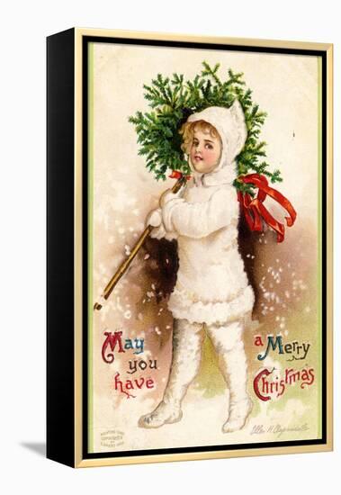 Christmas Card with Child Holding a Wreath, Beatrice Litzinger Collection-null-Framed Stretched Canvas