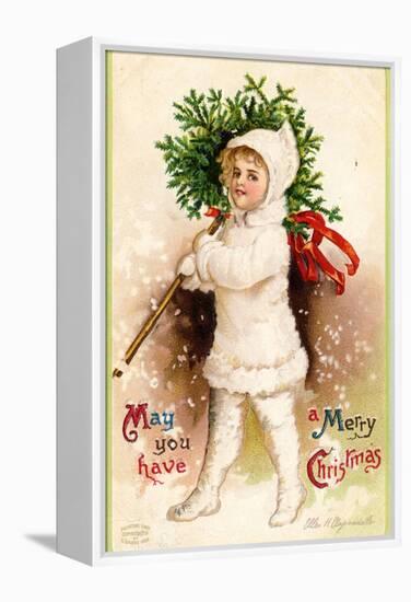 Christmas Card with Child Holding a Wreath, Beatrice Litzinger Collection-null-Framed Stretched Canvas