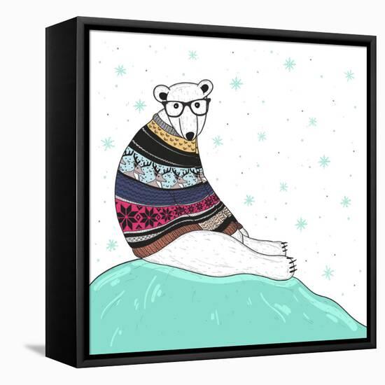 Christmas Card with Cute Hipster Polar Bear. Bear with Fair Isle Style Sweater.-cherry blossom girl-Framed Stretched Canvas