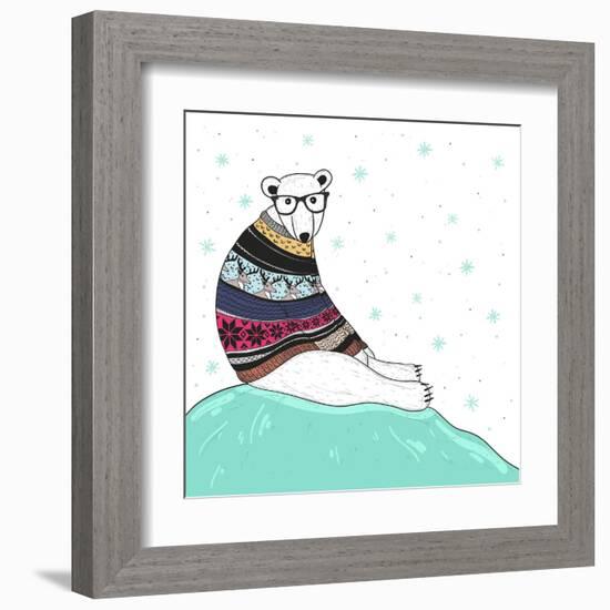 Christmas Card with Cute Hipster Polar Bear. Bear with Fair Isle Style Sweater.-cherry blossom girl-Framed Art Print