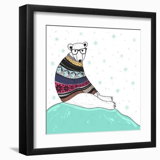 Christmas Card with Cute Hipster Polar Bear. Bear with Fair Isle Style Sweater.-cherry blossom girl-Framed Art Print