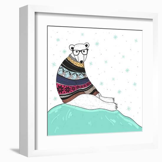 Christmas Card with Cute Hipster Polar Bear. Bear with Fair Isle Style Sweater.-cherry blossom girl-Framed Art Print