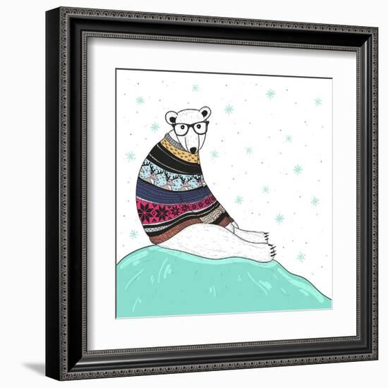 Christmas Card with Cute Hipster Polar Bear. Bear with Fair Isle Style Sweater.-cherry blossom girl-Framed Art Print