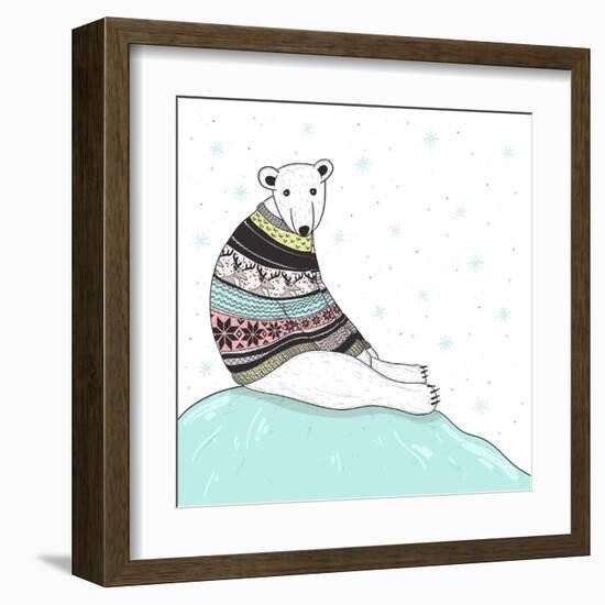 Christmas Card With Cute Polar Bear. Bear With Fair Isle Style Sweater-cherry blossom girl-Framed Art Print