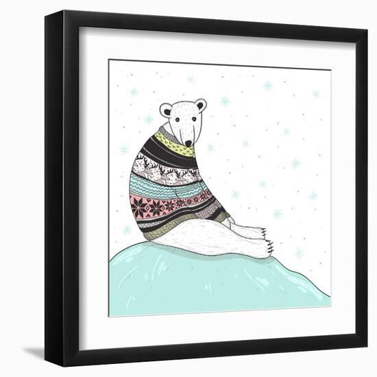 Christmas Card With Cute Polar Bear. Bear With Fair Isle Style Sweater-cherry blossom girl-Framed Art Print