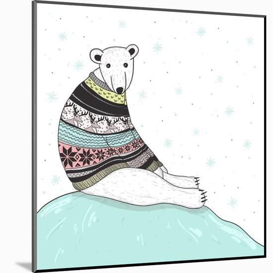 Christmas Card With Cute Polar Bear. Bear With Fair Isle Style Sweater-cherry blossom girl-Mounted Art Print