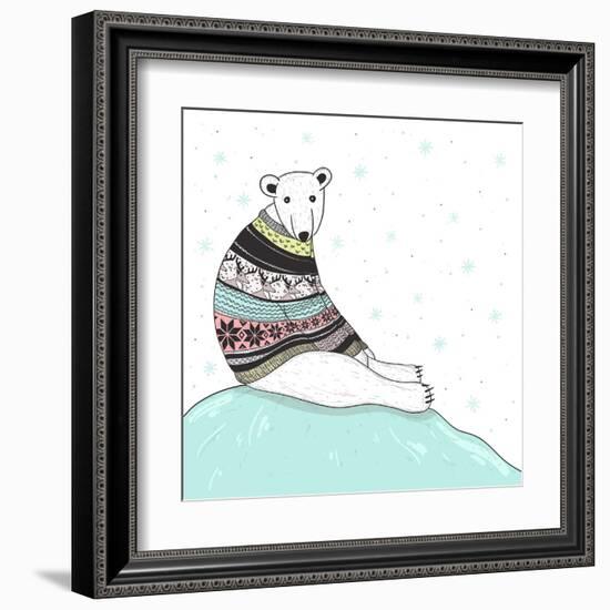 Christmas Card With Cute Polar Bear. Bear With Fair Isle Style Sweater-cherry blossom girl-Framed Art Print