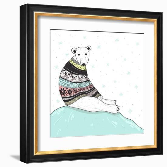 Christmas Card With Cute Polar Bear. Bear With Fair Isle Style Sweater-cherry blossom girl-Framed Art Print